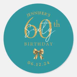 Gold Coquette Bow 60th Birthday Party Turquoise Classic Round Sticker