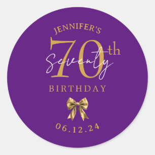 Gold Coquette Bow 70th Birthday Party Purple Classic Round Sticker