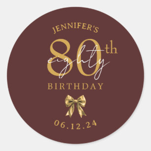 Gold Coquette Bow 80th Birthday Party Burgundy  Classic Round Sticker