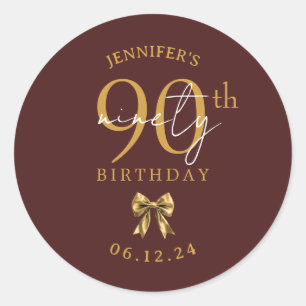 Gold Coquette Bow 90th Birthday Party Burgundy  Classic Round Sticker
