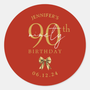 Gold Coquette Bow 90th Birthday Party Red  Classic Round Sticker