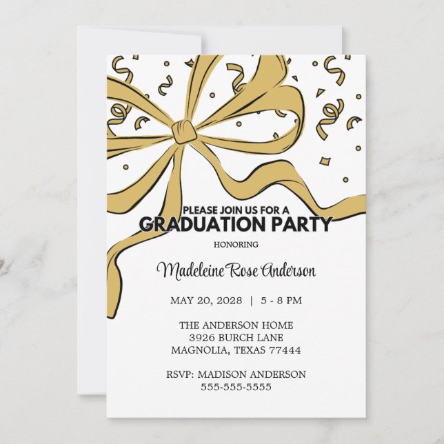 Gold Coquette Bow Girl Photo Graduation Invitation (Front)