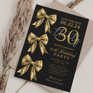 Gold Coquette Bow Save Date 30th Birthday Black Invitation