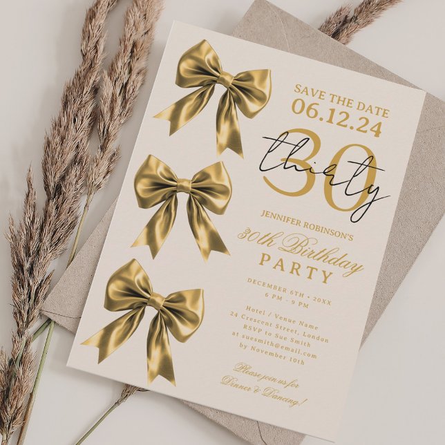 Gold Coquette Bow Save Date 30th Birthday Cream Invitation (Gold Coquette Bow Save Date 30th Birthday Cream Invitation)