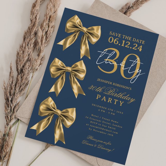 Gold Coquette Bow Save Date 30th Birthday Navy  Invitation (Gold Coquette Bow Save Date 30th Birthday Navy Invitation)