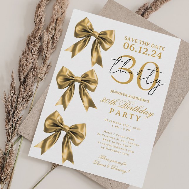 Gold Coquette Bow Save Date 30th Birthday Party Invitation (Gold Coquette Bow Save Date 30th Birthday Party Invitation)