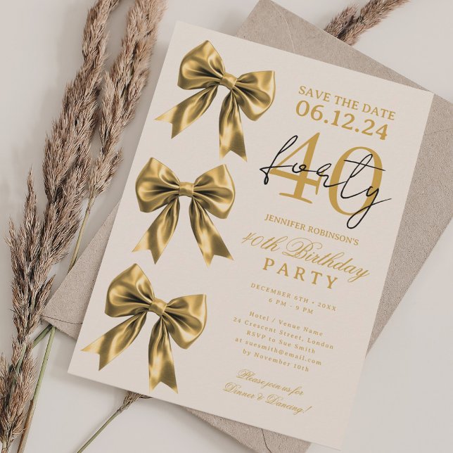 Gold Coquette Bow Save Date 40th Birthday Beige Invitation (Gold Coquette Bow Save Date 40th Birthday Beige Invitation)