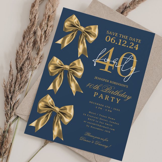 Gold Coquette Bow Save Date 40th Birthday Navy Blu Invitation (Gold Coquette Bow Save Date 40th Birthday Navy Blu Invitation)