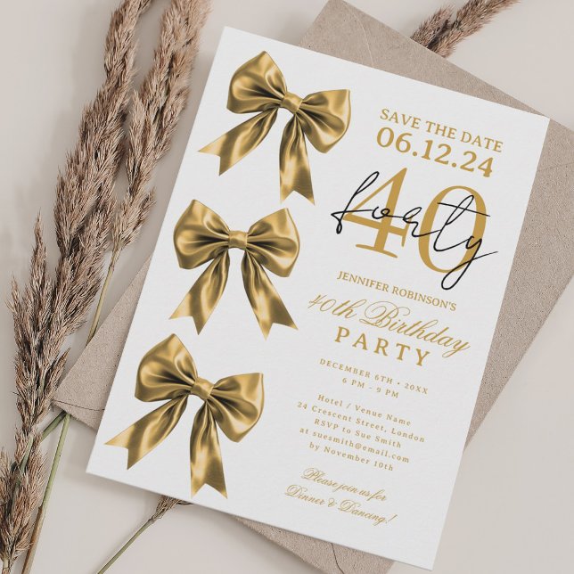 Gold Coquette Bow Save Date 40th Birthday Party Invitation (Gold Coquette Bow Save Date 40th Birthday Party Invitation)