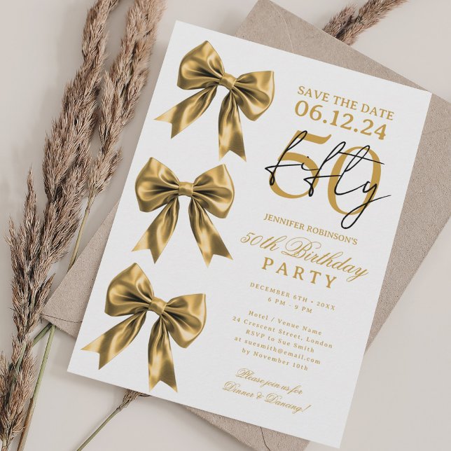 Gold Coquette Bow Save Date 50th Birthday Party Invitation (Gold Coquette Bow Save Date 50th Birthday Party Invitation)