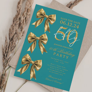 Gold Coquette Bow Save Date 50th Birthday Turquois Invitation