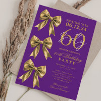 Gold Coquette Bow Save Date 60th Birthday Purple