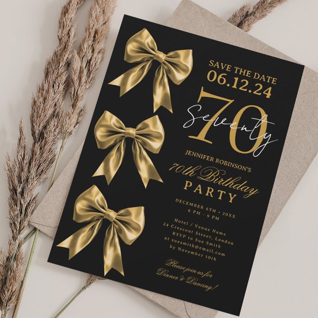 Gold Coquette Bow Save Date 70th Birthday Black Invitation (Gold Coquette Bow Save Date 70th Birthday Black Invitation)