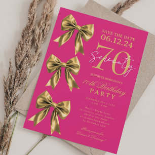 Gold Coquette Bow Save Date 70th Birthday Hot Pink Invitation