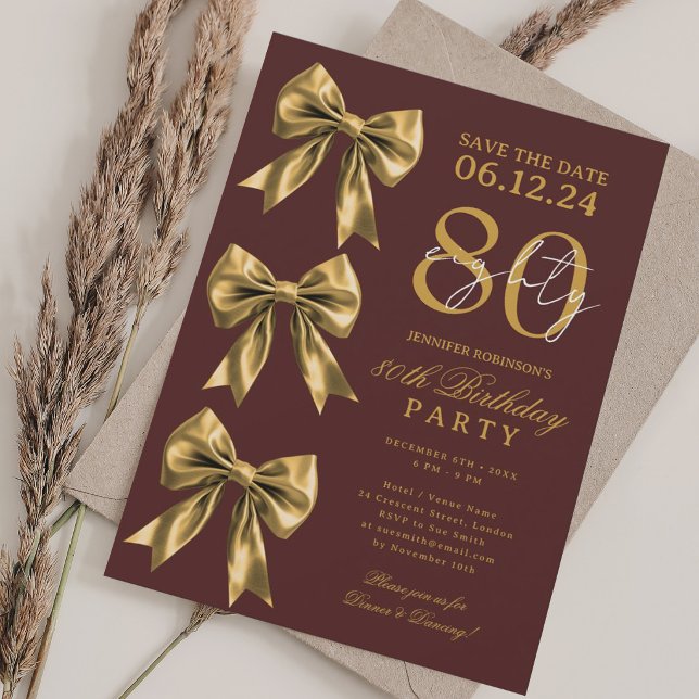 Gold Coquette Bow Save Date 80th Birthday Marsala  Invitation (Gold Coquette Bow Save Date 80th Birthday Marsala Invitation)