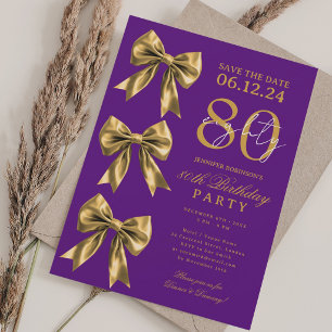 Gold Coquette Bow Save Date 80th Birthday Purple  Invitation