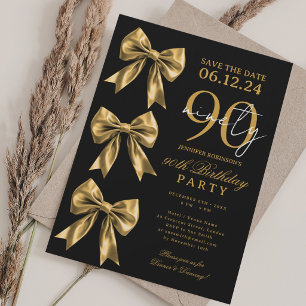 Gold Coquette Bow Save Date 90th Birthday Black Invitation