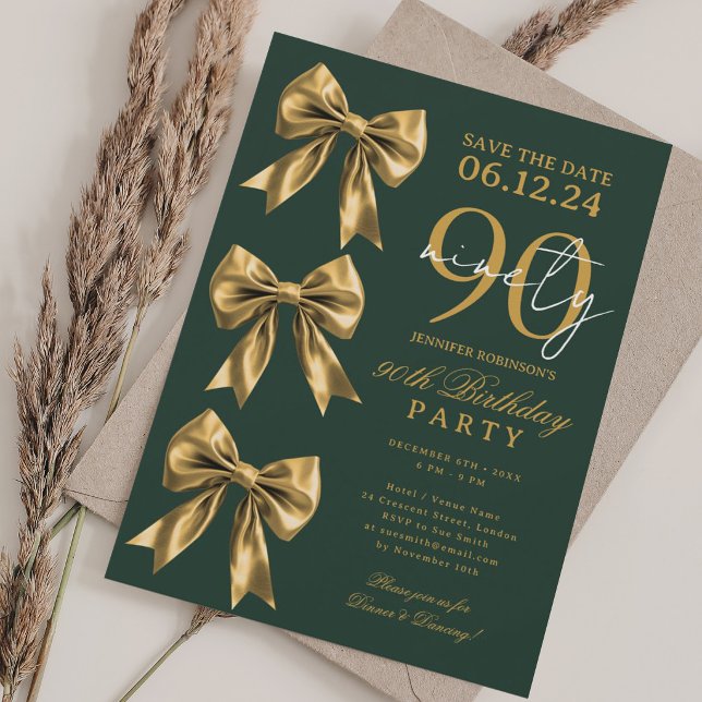 Gold Coquette Bow Save Date 90th Birthday Green Invitation (Gold Coquette Bow Save Date 90th Birthday Green Invitation)