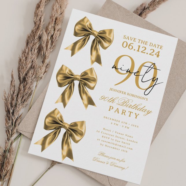 Gold Coquette Bow Save Date 90th Birthday Party Invitation (Gold Coquette Bow Save Date 90th Birthday Party Invitation)