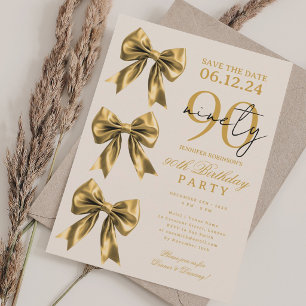 Gold Coquette Bow Save Date 90th Birthday Party Invitation