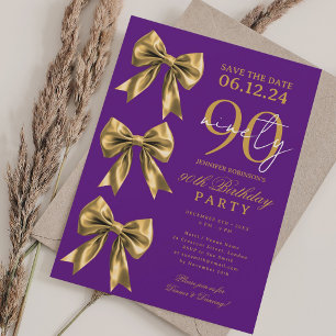Gold Coquette Bow Save Date 90th Birthday Purple Invitation