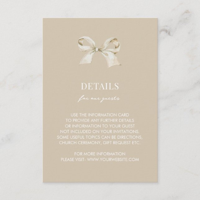 Gold Coquette Bow Wedding Details Enclosure Card (Front)