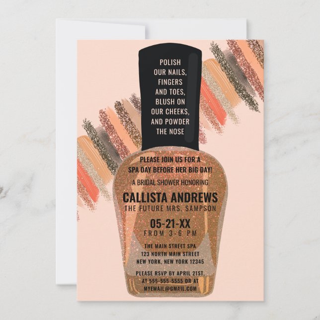 Gold Coral Glitter Nail Polish Spa Bridal Shower Invitation (Front)
