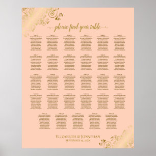 Gold & Coral Peach 29 Table Wedding Seating Chart