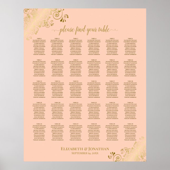 Gold & Coral Peach 30 Table Wedding Seating Chart (Front)