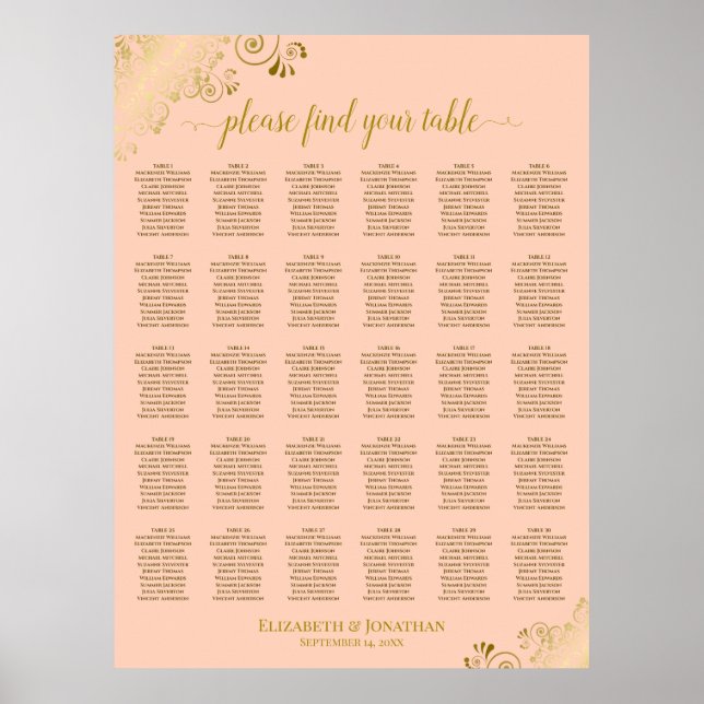 Gold & Coral Peach 30 Table Wedding Seating Chart (Front)