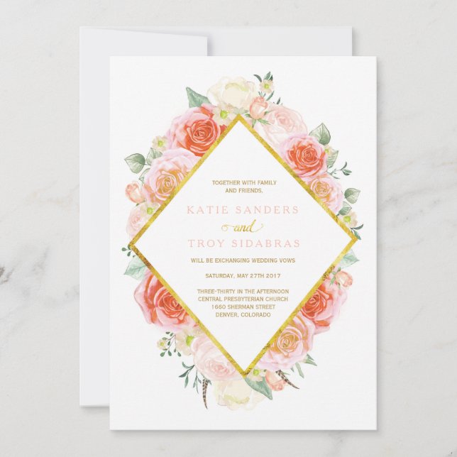 Gold, Coral, Peach and Pink Wedding Invitations (Front)