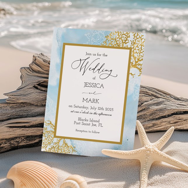 Gold Coral Watercolor Nautical Wedding Invitation (Creator Uploaded)