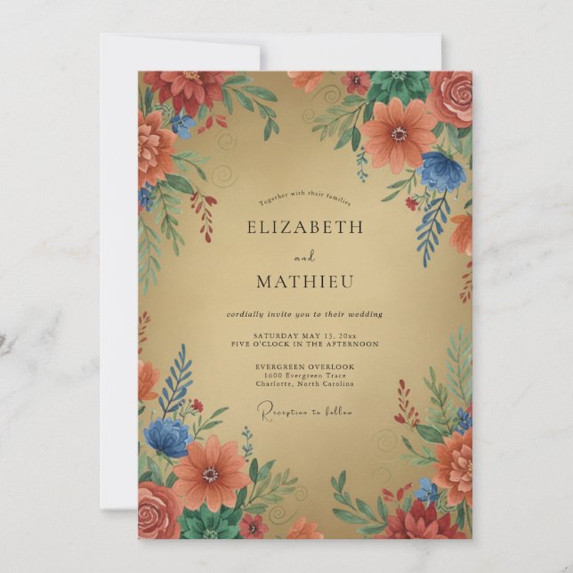 Gold Coral Wildflower Wedding Invitation (Front)
