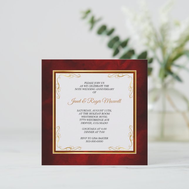 Gold Corner Frame Red 50th Wedding Anniversary Invitation (Standing Front)