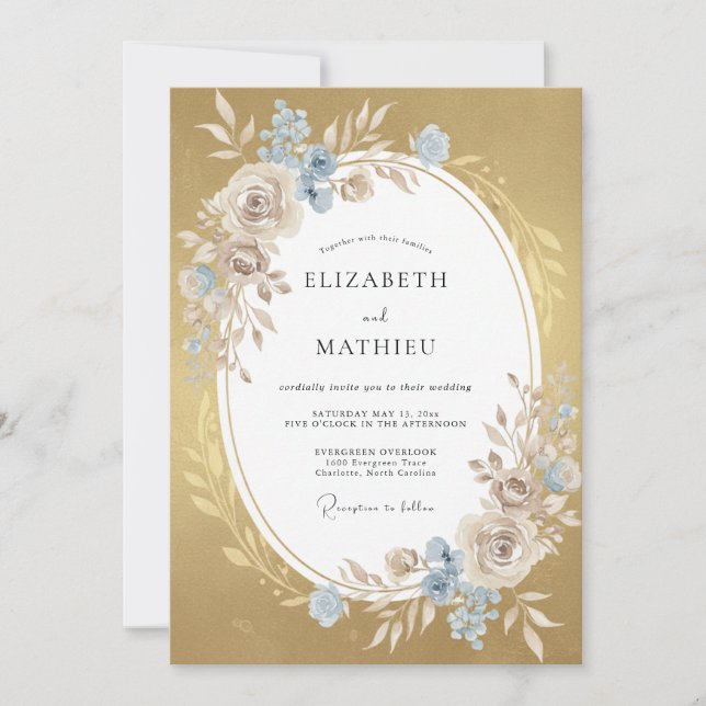 Gold Cornflower Leaf Wedding Invitation (Front)