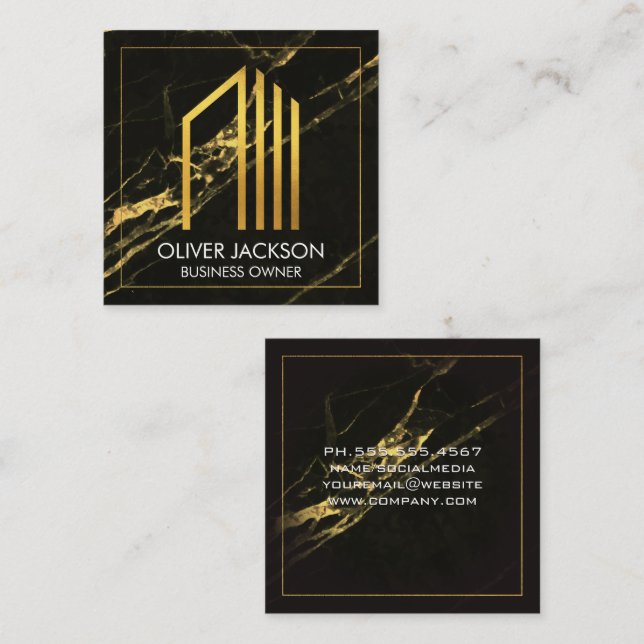 Gold Corp Icon | Black Gold Marble Background Square Business Card (Front/Back)