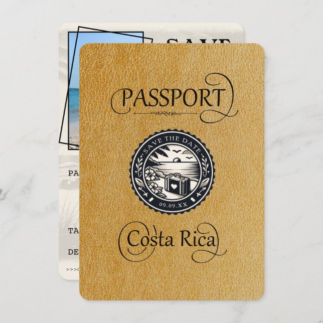 Gold Costa Rica Passport Save The Date (Front/Back)