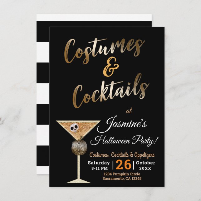 Gold Costumes & Cocktails Skull Drink Halloween  Invitation (Front/Back)