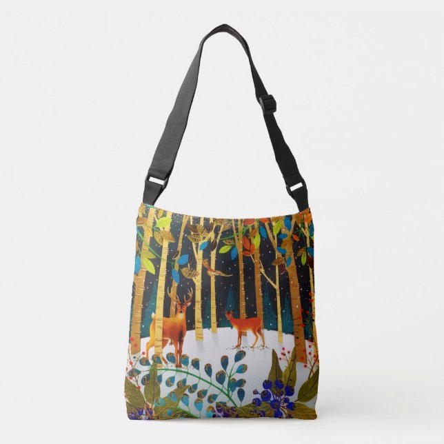 Gold Cosy Winter Deer Forest Watercolor  Crossbody Bag (Front)