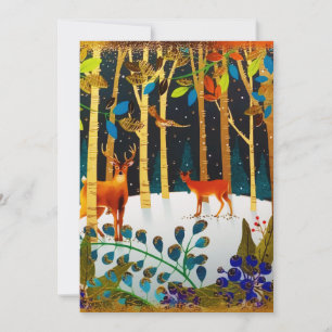 Gold Cosy Winter Deer Forest Watercolor  Holiday Card