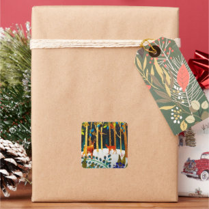 Gold Cosy Winter Deer Forest Watercolor Square Sticker