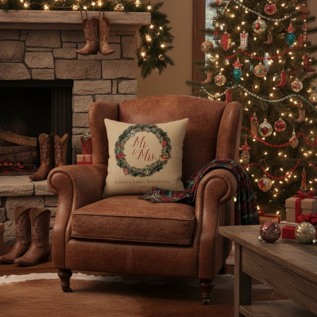 Gold Country Wedding Mr. and Mrs. Christmas Cushion (Western Gold Mr & Mrs Christmas Throw Pillow. Pine Wreath with Vintage Ornaments, Cowboy Hat, Boots)