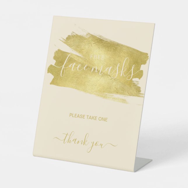 Gold Covid Free Face Mask Wedding Party  Pedestal  Sign (Front)
