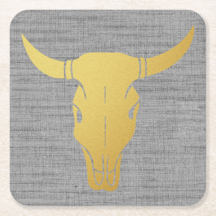 Gold Cow Skull Square Paper Coaster