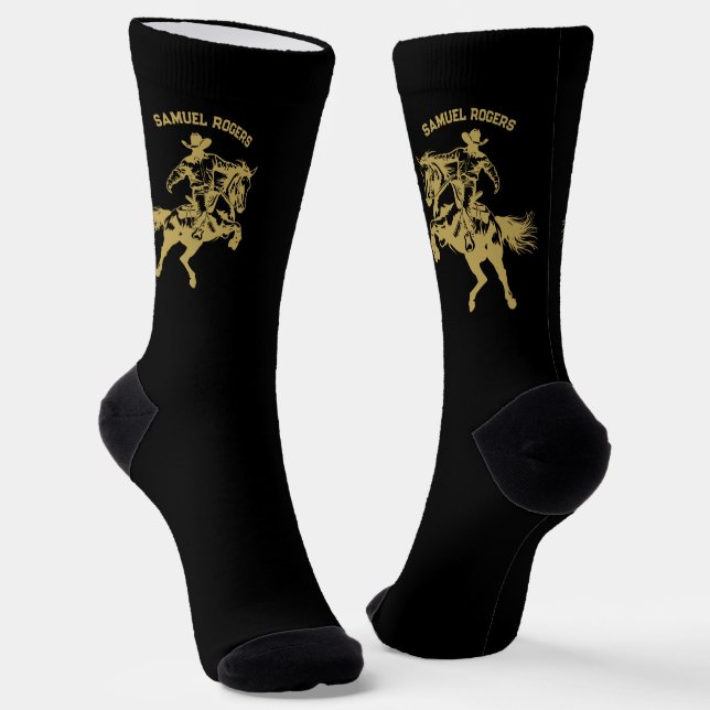 Gold Cowboy on a Horse Personalized Name Socks (Angled)