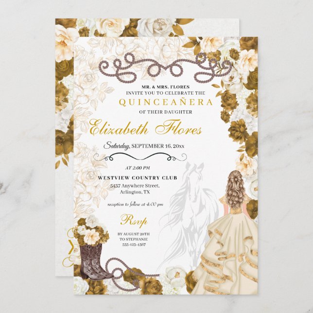 Gold Cowgirl Charro Western Quinceañera Invitation (Front/Back)