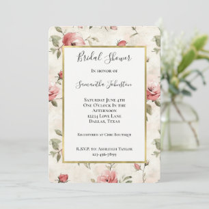 Gold Cream Blush Pink Roses Floral Bridal Shower Invitation