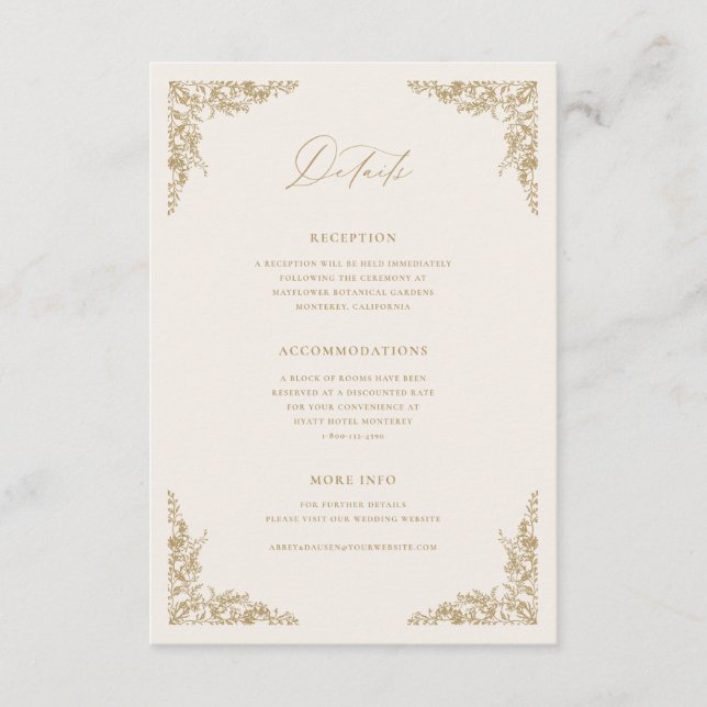 Gold & Cream Details Enclosure Card Wedding Info (Front)