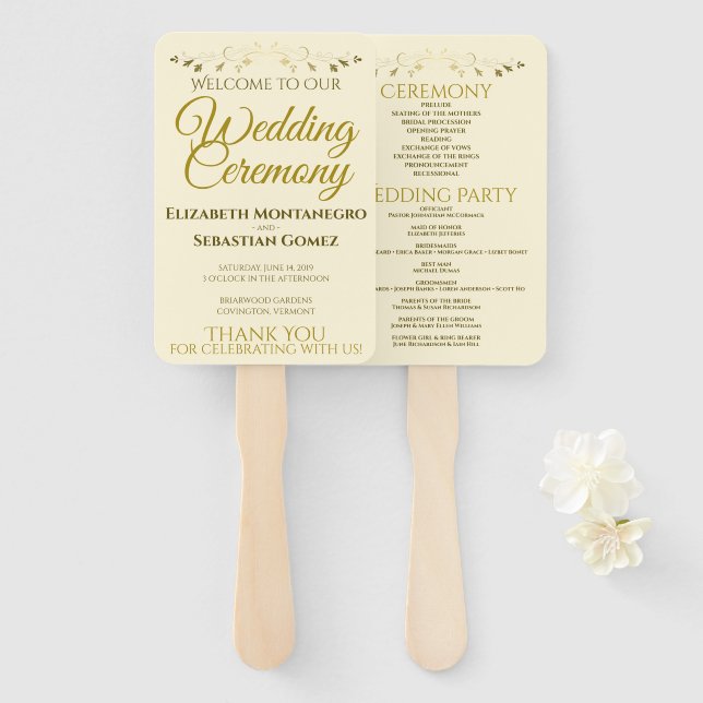Gold & Cream Elegant Flourish Wedding Program Hand Fan (Front and Back)