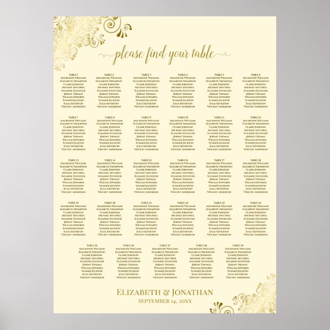 Gold & Cream Fancy 29 Table Wedding Seating Chart (Front)